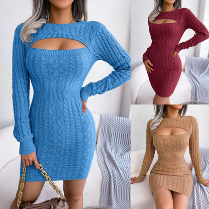 Rose - Sexy Cutout Fisherman Cable Knit Bodycon Sweater Mini Dress