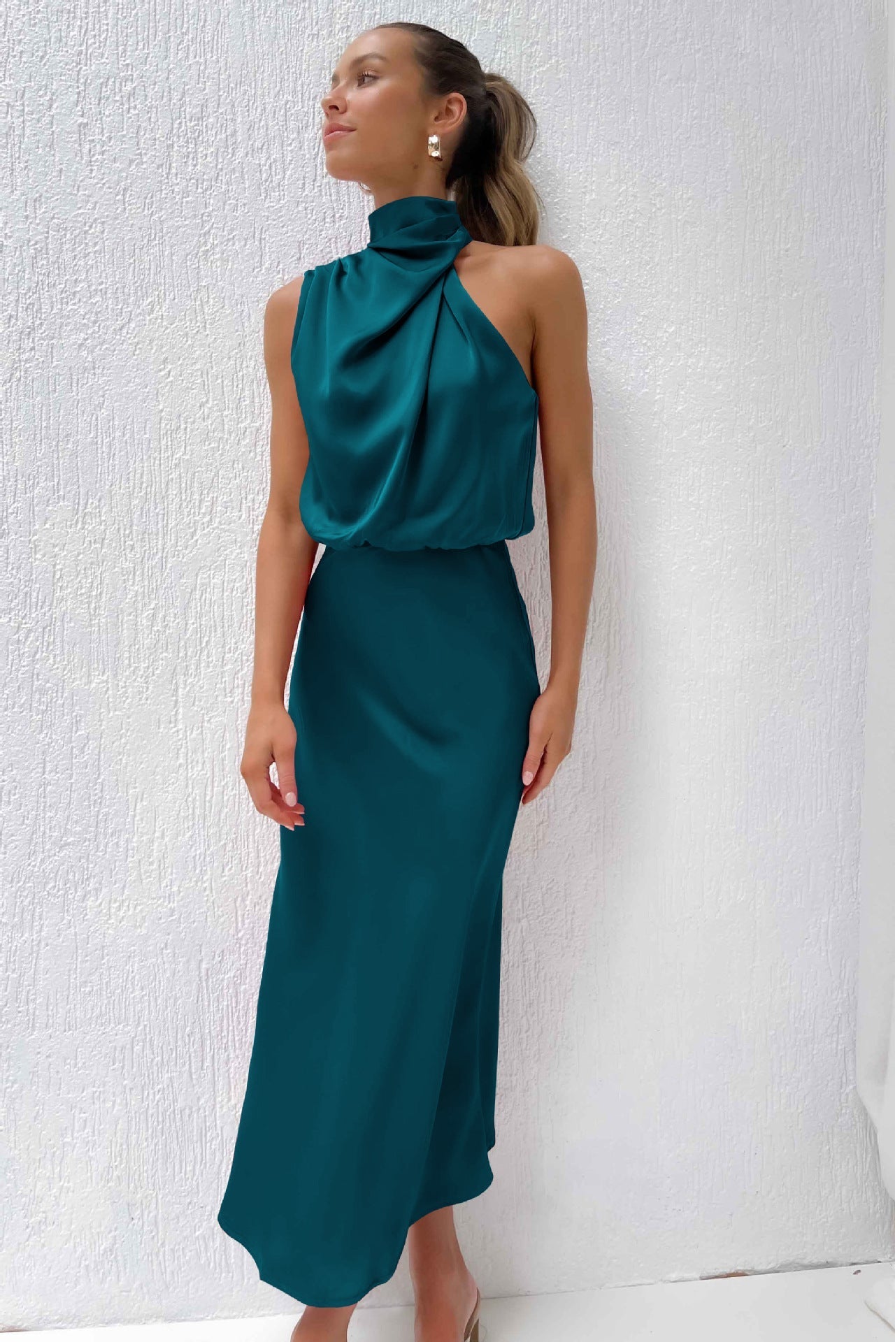 Valerie™ - Long Satin Dress with Halter Neck