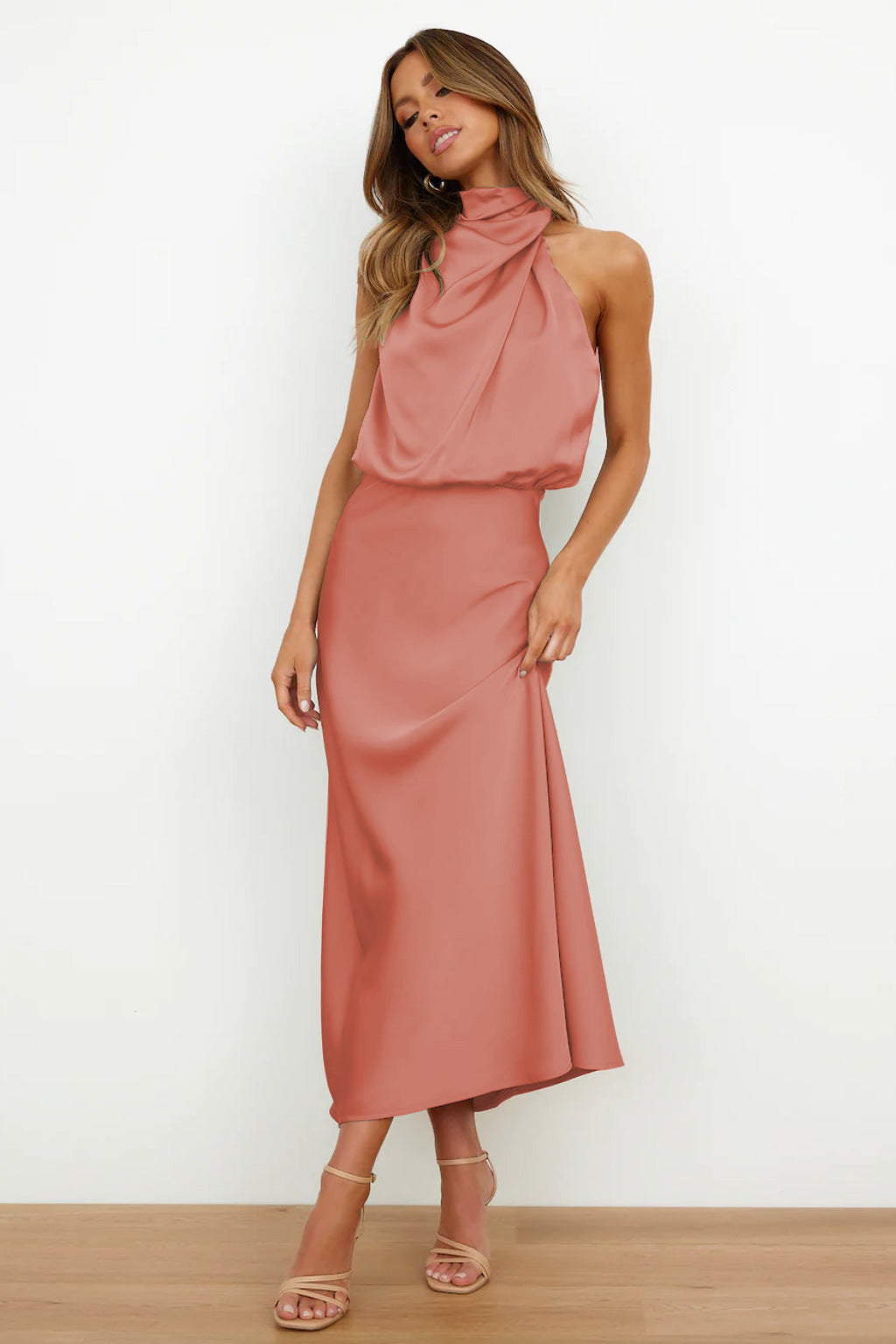 Valerie™ - Long Satin Dress with Halter Neck