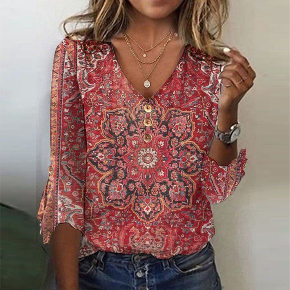 Rosalie™ | Red Print V-Neck Top