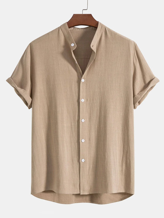 Linen And Rayon Blend Stand Collar Shirt