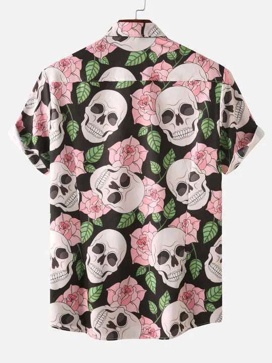 Rose Skull Print Button Up Shirt