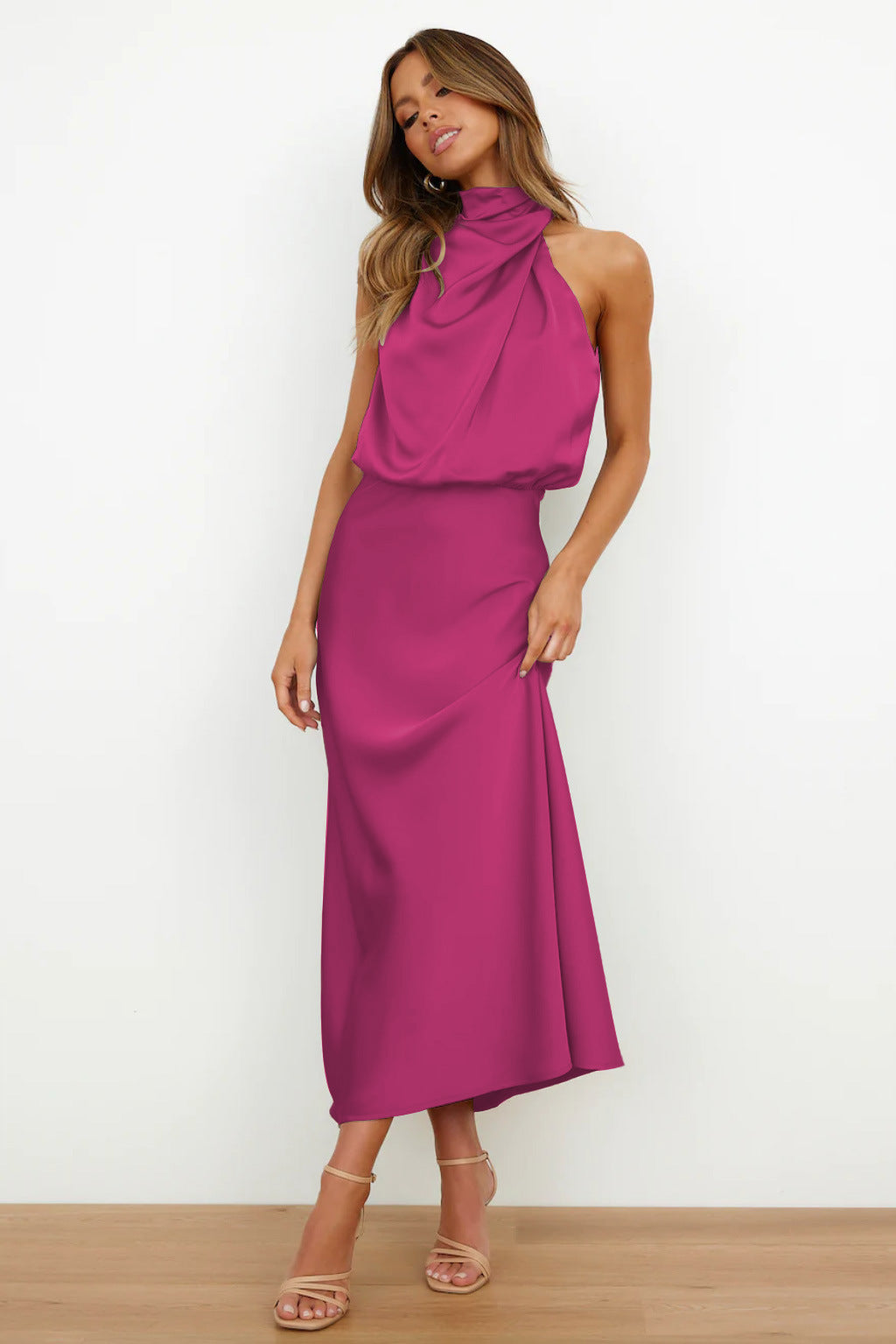 Valerie™ - Long Satin Dress with Halter Neck