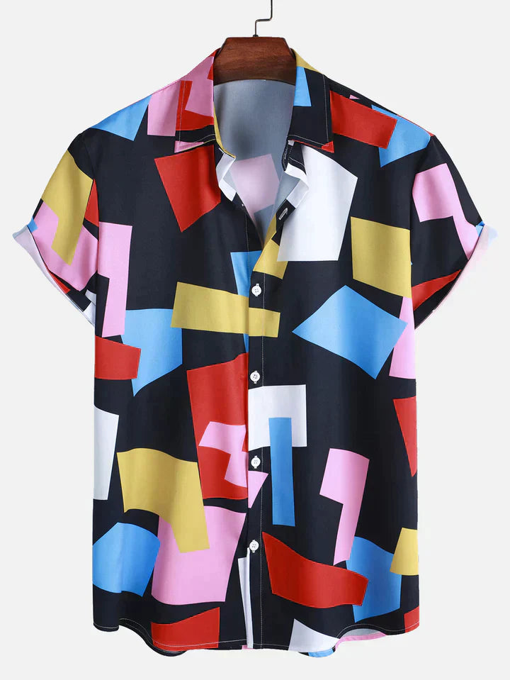 Geometric Color Block Print Button Up Shirt