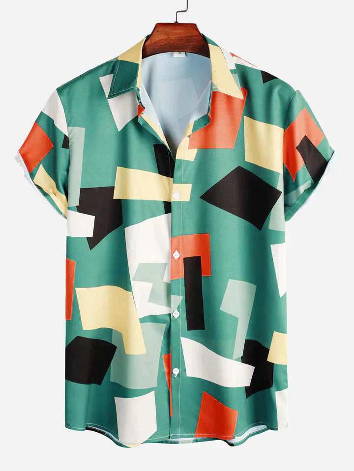 Geometric Color Block Print Button Up Shirt