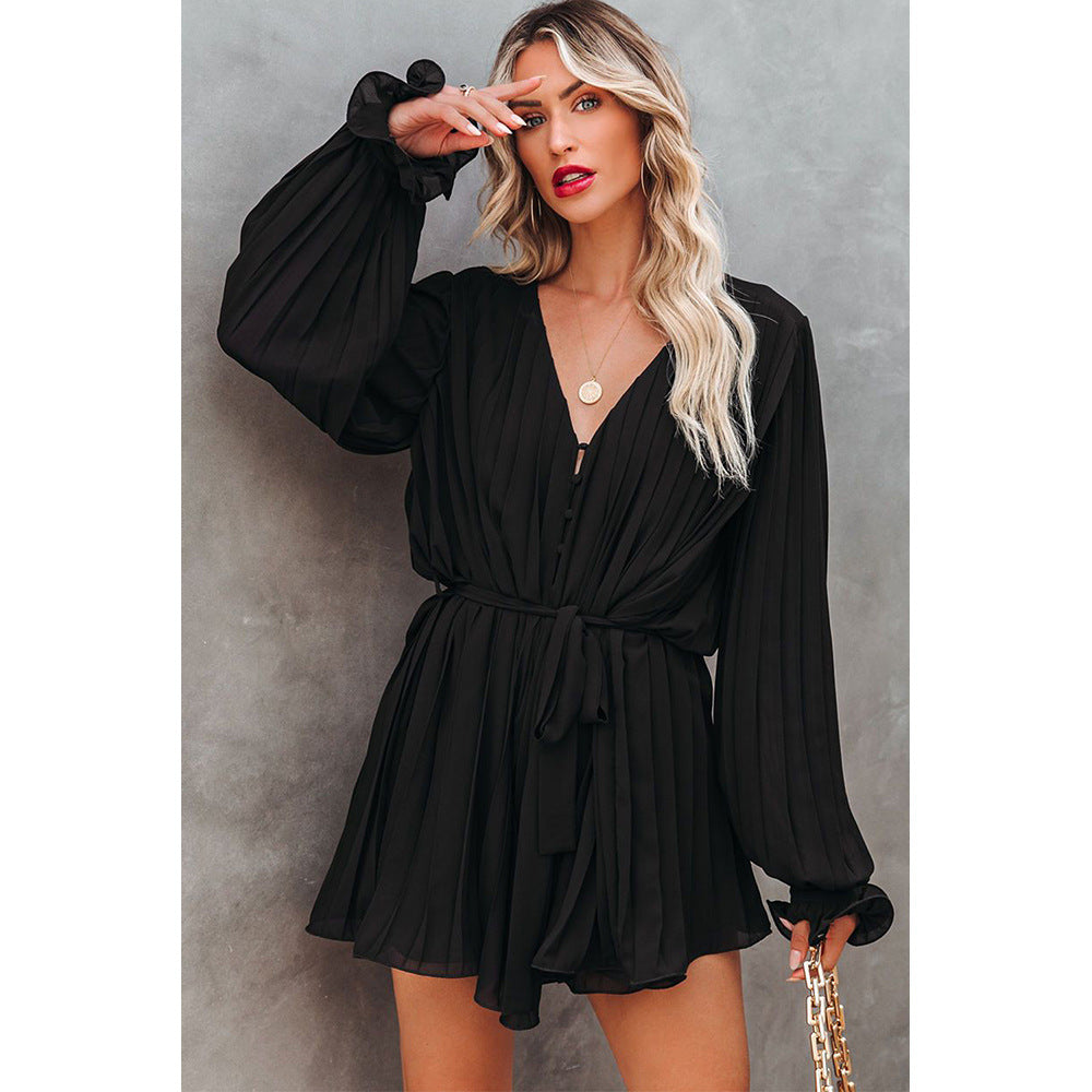 OLIVIA - Lace-Up V-Neck Ruffle Dress