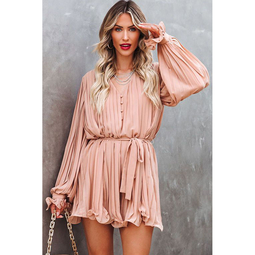 OLIVIA - Lace-Up V-Neck Ruffle Dress