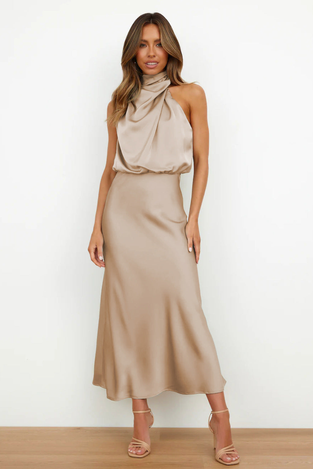 Valerie™ - Long Satin Dress with Halter Neck