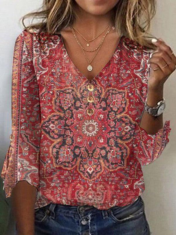 Rosalie™ | Red Print V-Neck Top