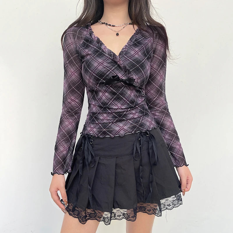 SADIE - Plaid Ruffle Trim Blouse