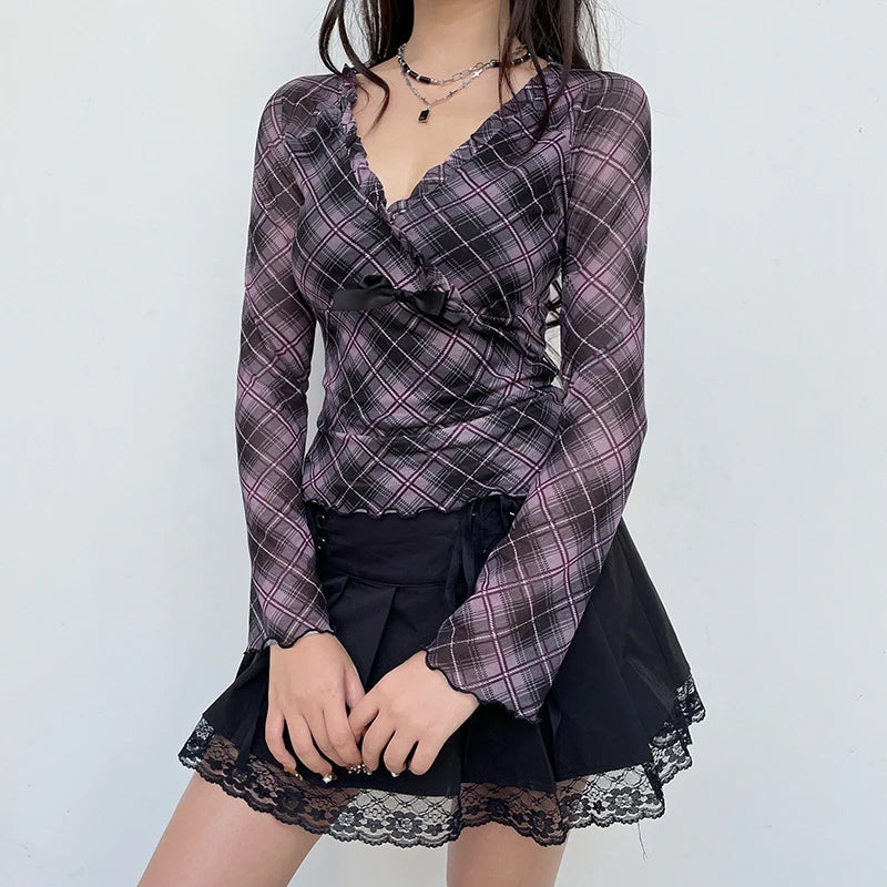 SADIE - Plaid Ruffle Trim Blouse