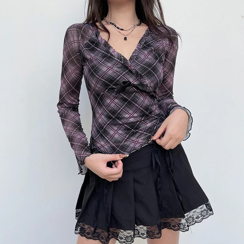 SADIE - Plaid Ruffle Trim Blouse