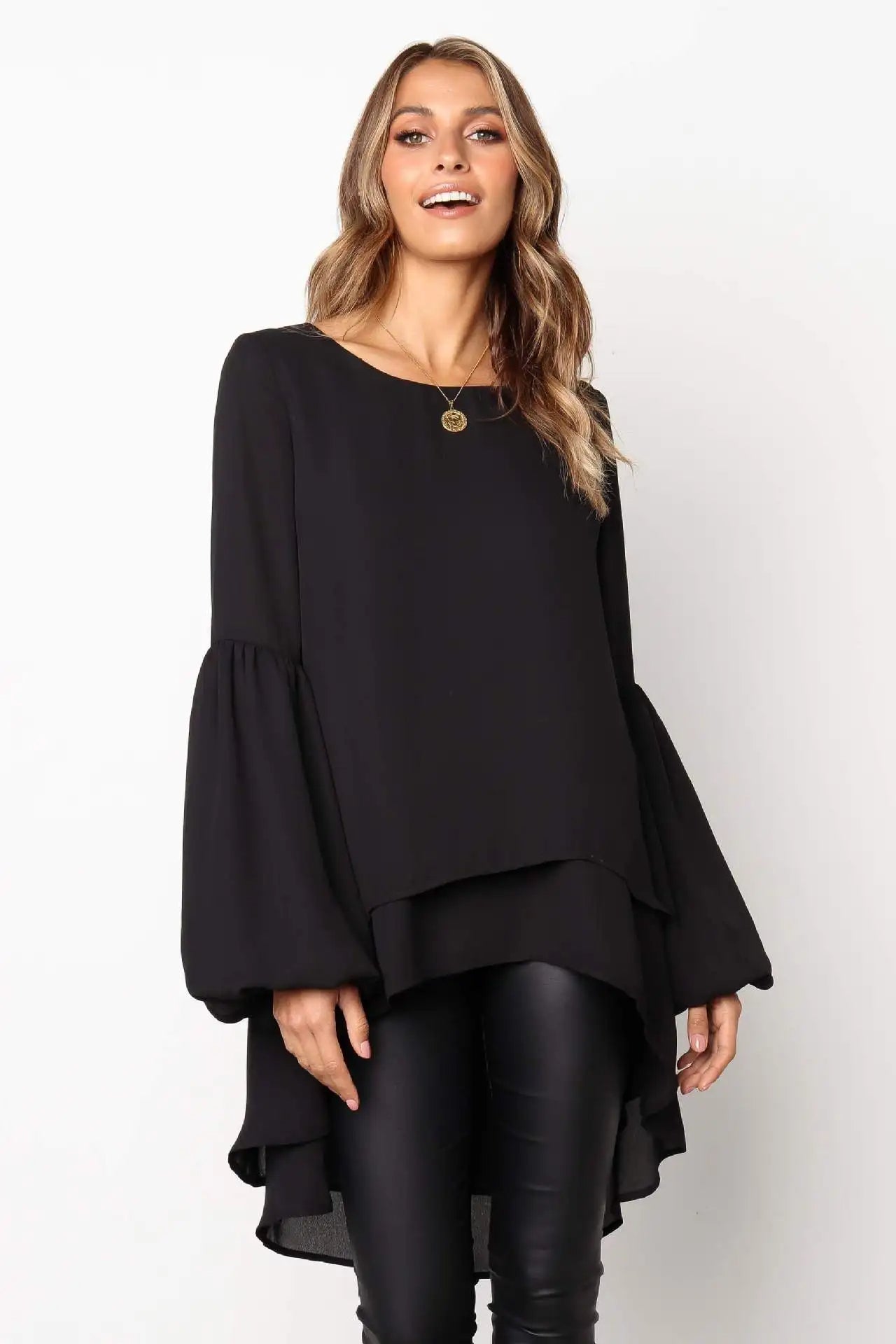 BIRDIE - Asymmetrical Lantern Sleeve Round Neck Blouse