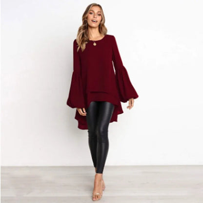 BIRDIE - Asymmetrical Lantern Sleeve Round Neck Blouse