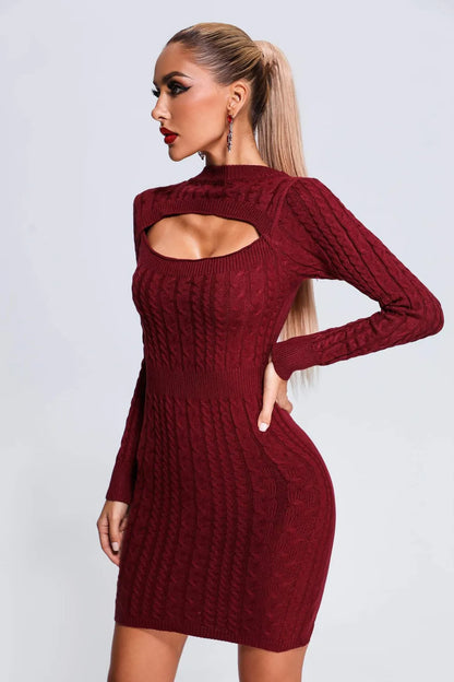 Rose - Sexy Cutout Fisherman Cable Knit Bodycon Sweater Mini Dress