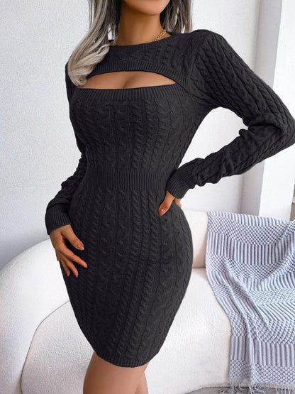 Rose - Sexy Cutout Fisherman Cable Knit Bodycon Sweater Mini Dress