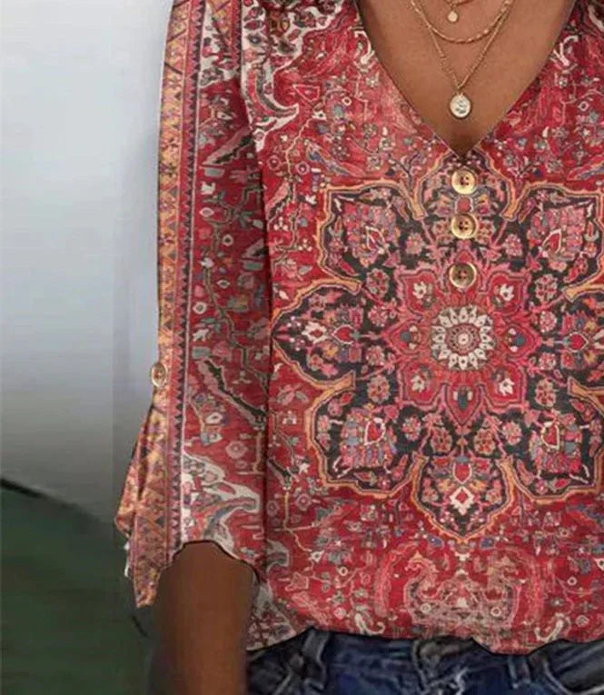 Rosalie™ | Red Print V-Neck Top